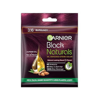 Garnier, Hair Colouring Crème, 100% Grey Coverage, Softening and Increased Shine, Black Naturals, 3.16 Natural Burgundy, 20g + 20m