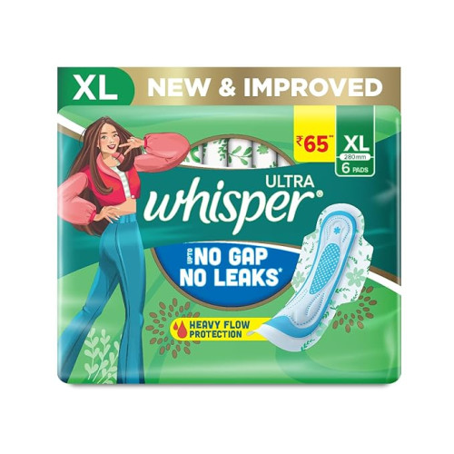 Whisper Ultra Upto No Gap No Leaks Sanitary Pads, 6 XL Pads,