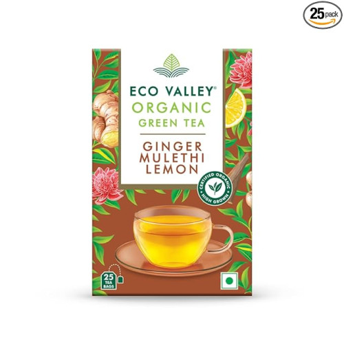 Eco Valley Organic Green Tea - Ginger Mulethi Lemon 25 Tea Bags 