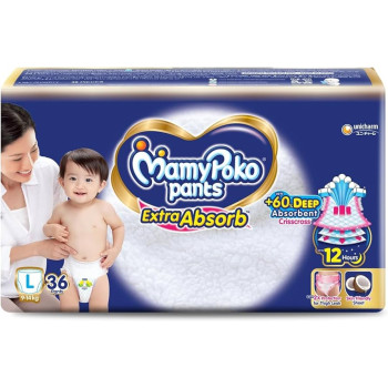 MamyPoko Pants Extra Absorb Baby Diapers, Large (L), 36 Count